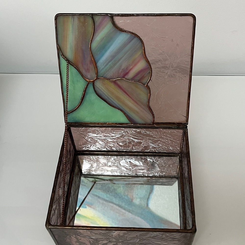Vintage Stained Glass Floral Trinket Jewelry Box with Mirror - Picture 2 of 13